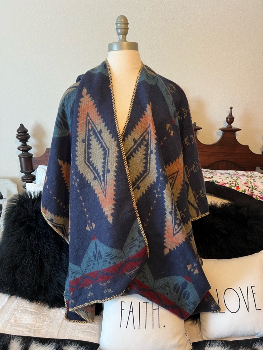 Southwestern Reversible Patterned Shawl Wrap in Navy, Rust, Teal - Picture 2 of 5